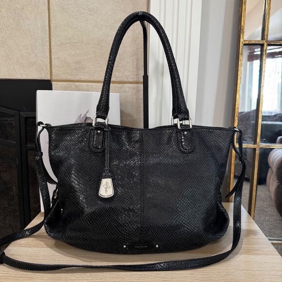 Cole Haan Black Python Leather Snakeskin Medium Crossbody Shoulder Bag Purse